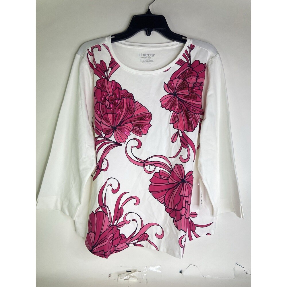 Chico's Cotton Floral Kasbah Pink 3/4 Sleeve Sequin Top Plus Womens Size 4 XXL